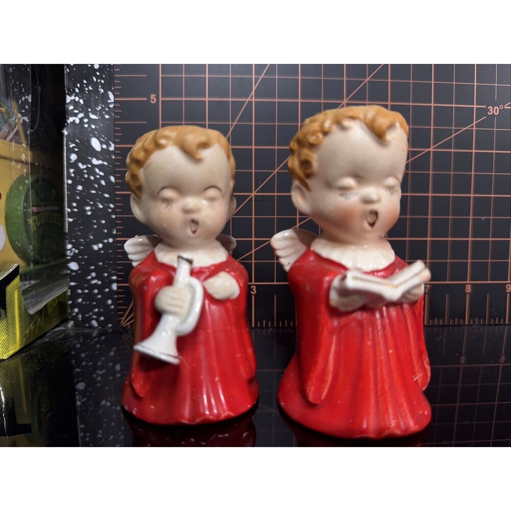 Vintage 1953 HICO Choir Angel Candle Holders Japan Red Christmas Pair MCM